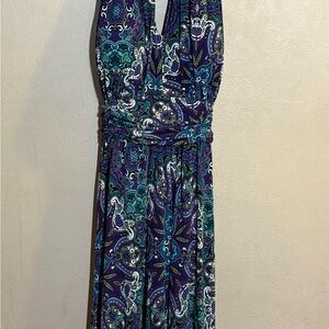 R&K Co Originals Women’s Purple Paisley Halter Midi Dress Built-in Bra Sz 14